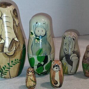 Vintage NESTING DOLL ANIMALS SET OF 6 WOOD HAND PAINTED Elephant Rhino Otter